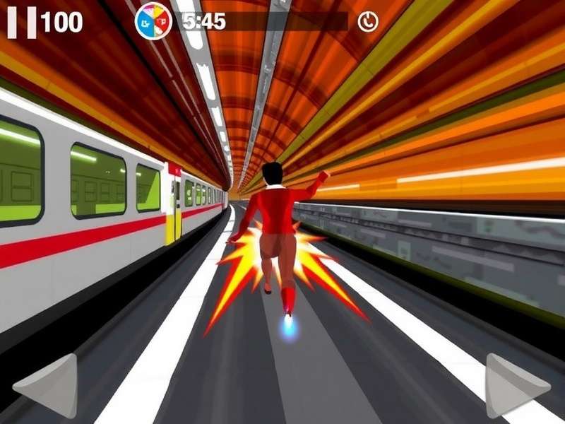 Gameplay screenshot showing character running through metro station with power-ups